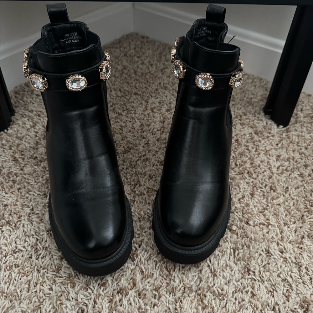 Black Jeweled Ankle Booties with Crystal Strap